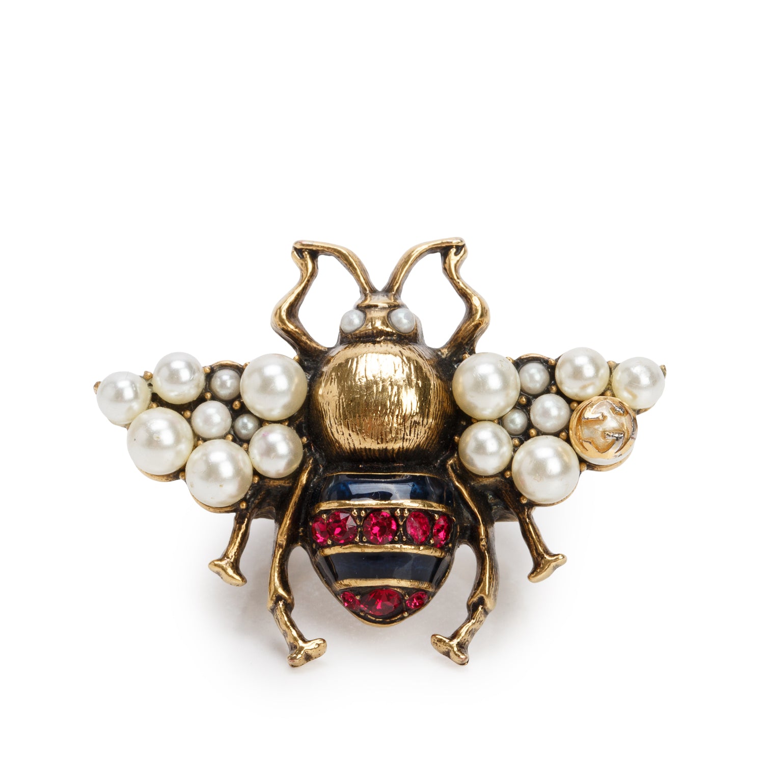 Gucci Gold-Tone Metal Faux Pearl, Enamel & Crystal Bee Cocktail Ring, Size 6 w/ Box