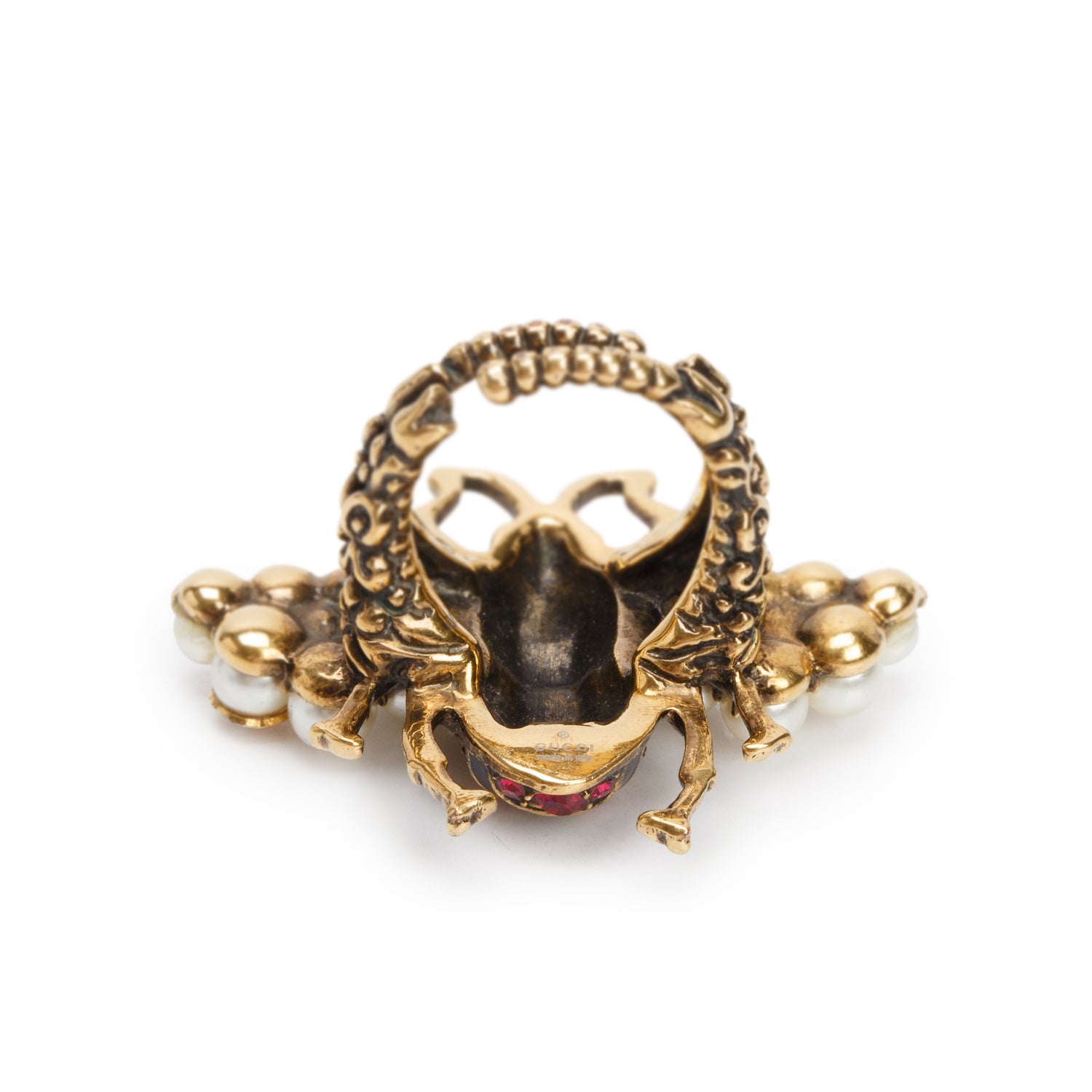 Gucci Gold-Tone Metal Faux Pearl, Enamel & Crystal Bee Cocktail Ring, Size 6 w/ Box