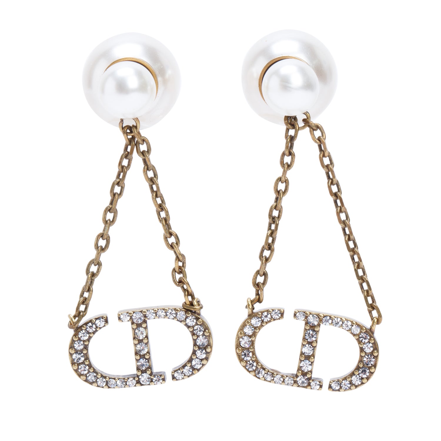 Christian Dior Gold-Tone Metal Faux Pearl & Crystal Tribales CD Drop Earrings