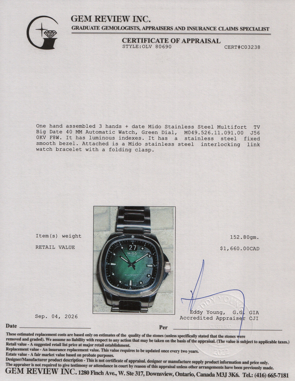 Mido Stainless Steel Multifort TV Big Date 40 MM Automatic Watch Green Dial w/ Box