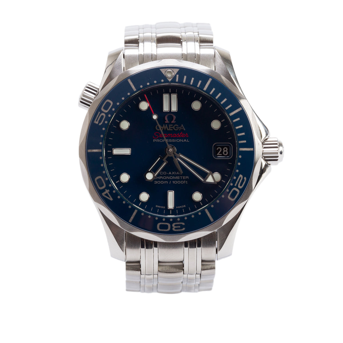 Omega Stainless Steel Seamaster Diver 300M 36 MM Co-Axial Chronometer Automatic Watch Blue Dial w/ Papers
