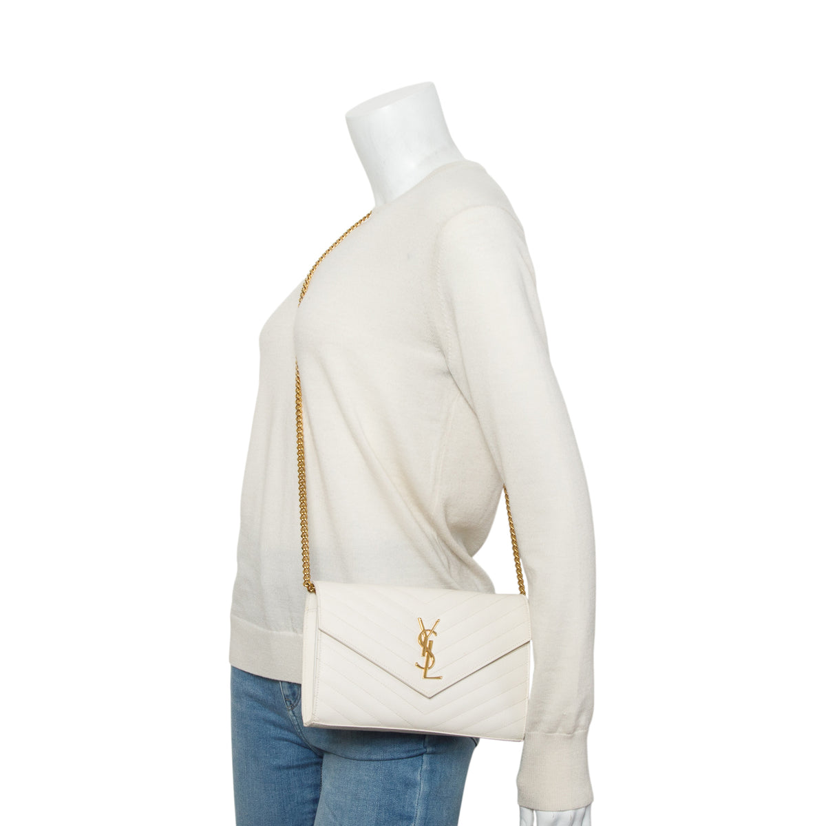 Saint Laurent 2024 Cream Grain De Poudre Chevron Cassandre Envelope Chain Wallet