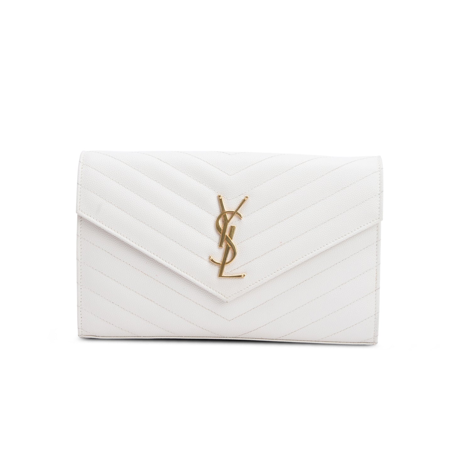 Saint Laurent 2024 Cream Grain De Poudre Chevron Cassandre Envelope Chain Wallet