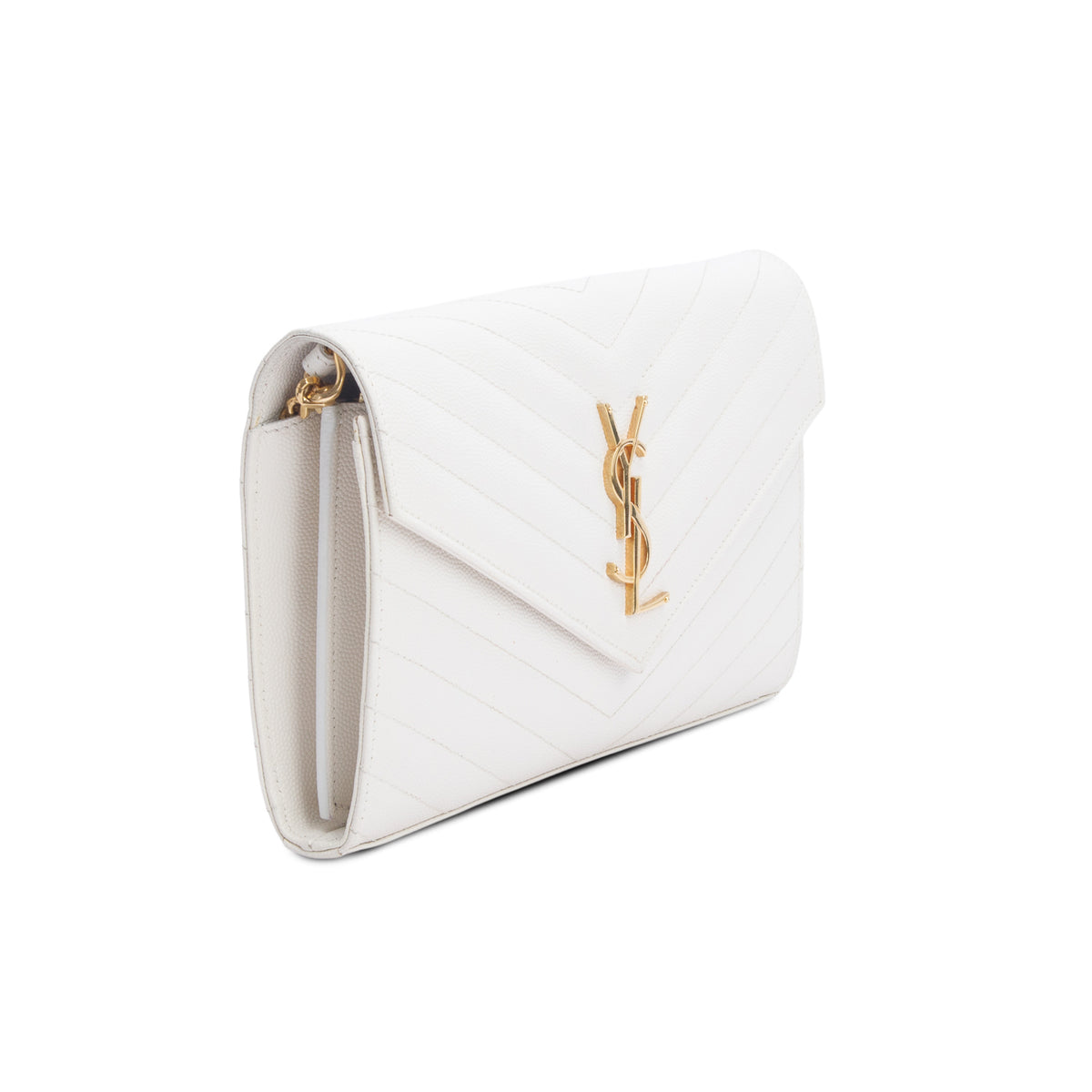 Saint Laurent 2024 Cream Grain De Poudre Chevron Cassandre Envelope Chain Wallet