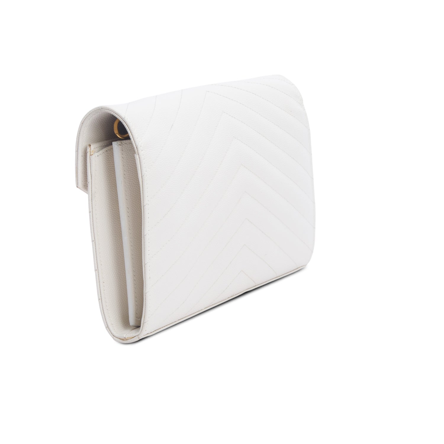 Saint Laurent 2024 Cream Grain De Poudre Chevron Cassandre Envelope Chain Wallet