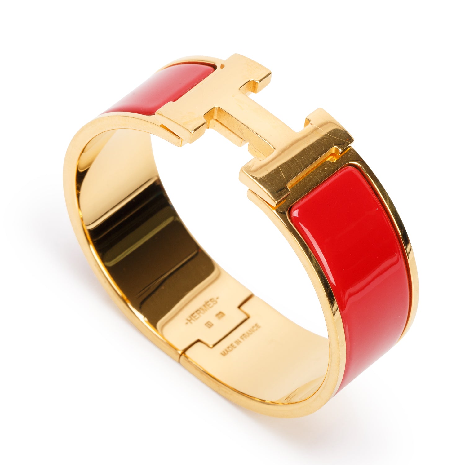 Hermes Gold-Plated Red Enamel Clic Clac H Bracelet w/ Box