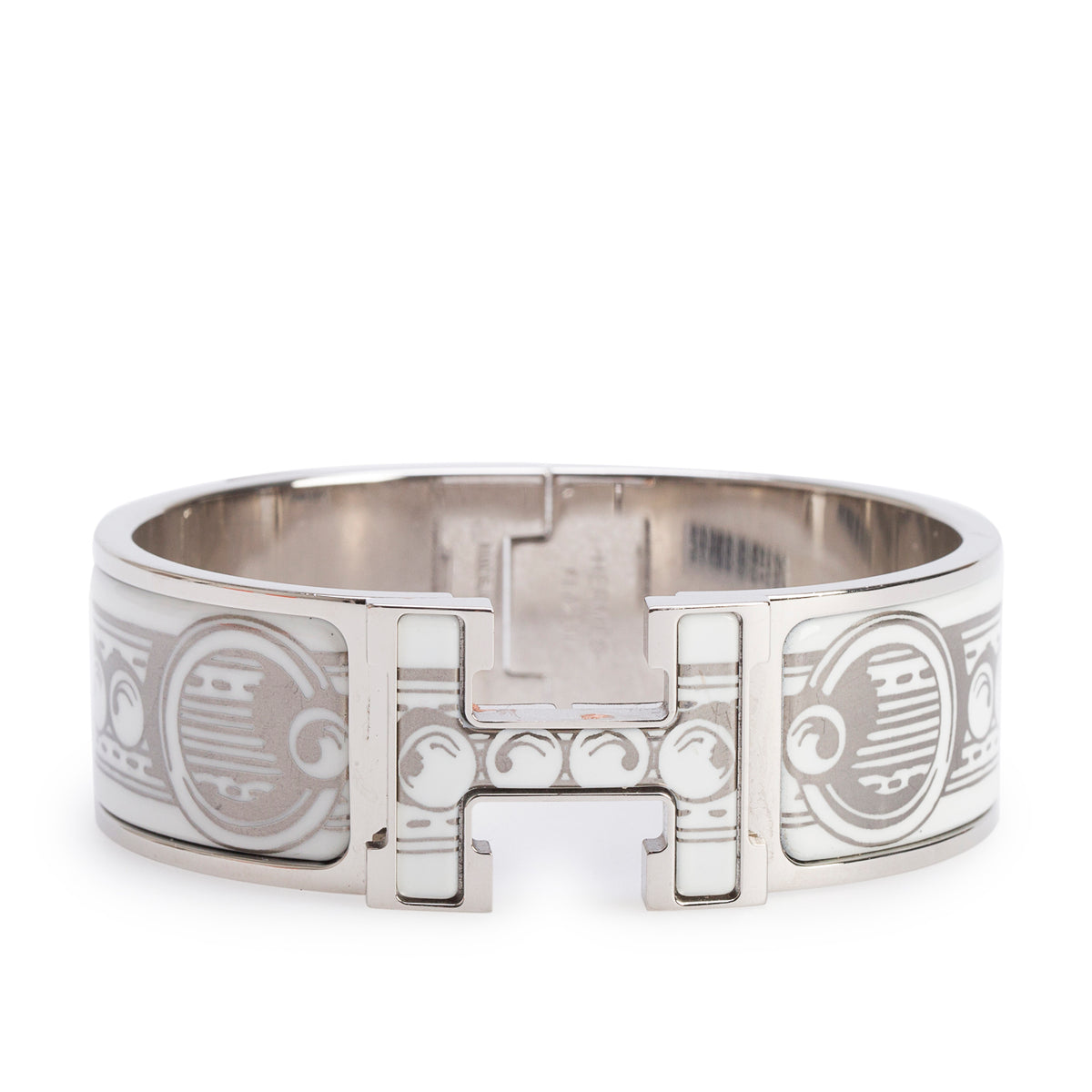Hermes Palladium-Plated White/Silver 'Bijoux Trompe l'Oeil' Enamel Clic Clac H Bracelet w/ Box