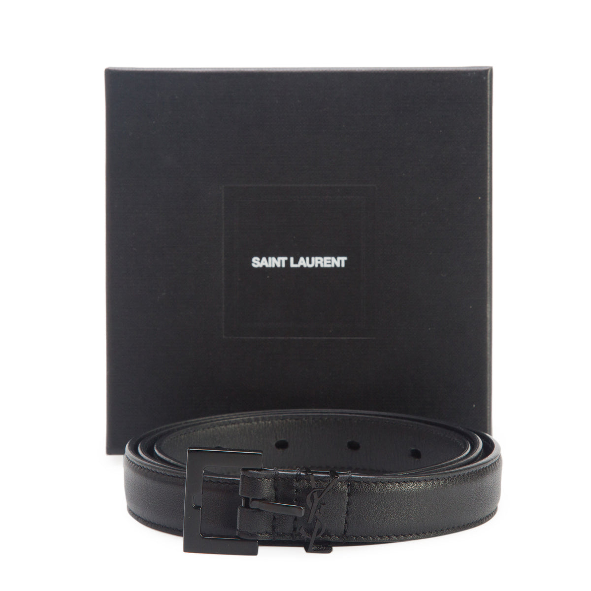 Saint Laurent 2022 Black Calfskin Leather Square Buckle Cassandre Thin Belt 85 w/ Box