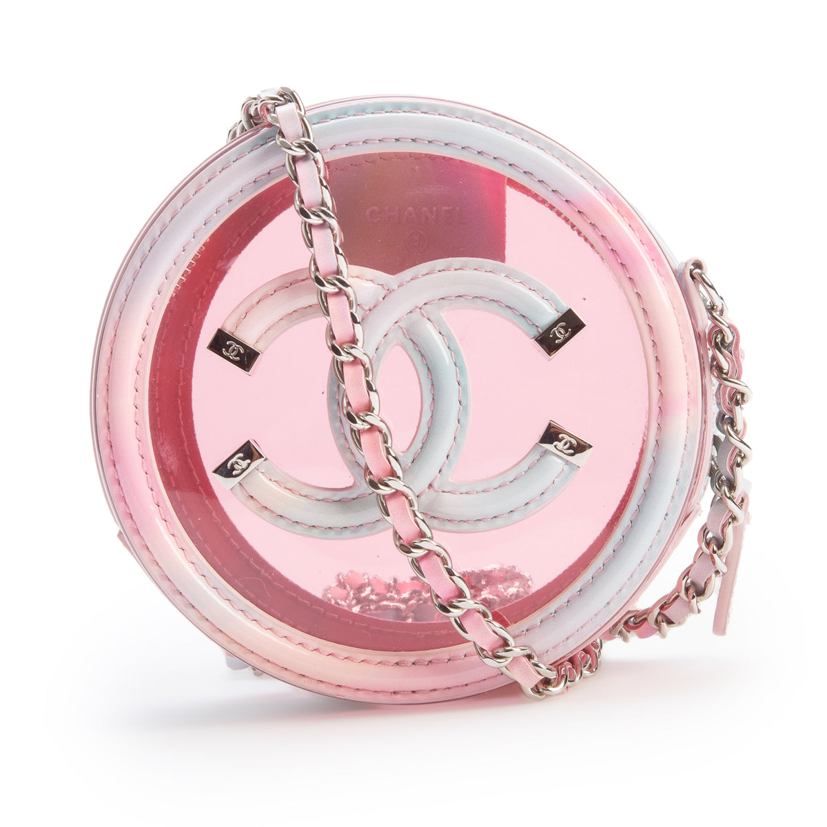 Chanel Pink PVC Patent Leather Round Filigree Chain Clutch w/ Box & Authenticity Card