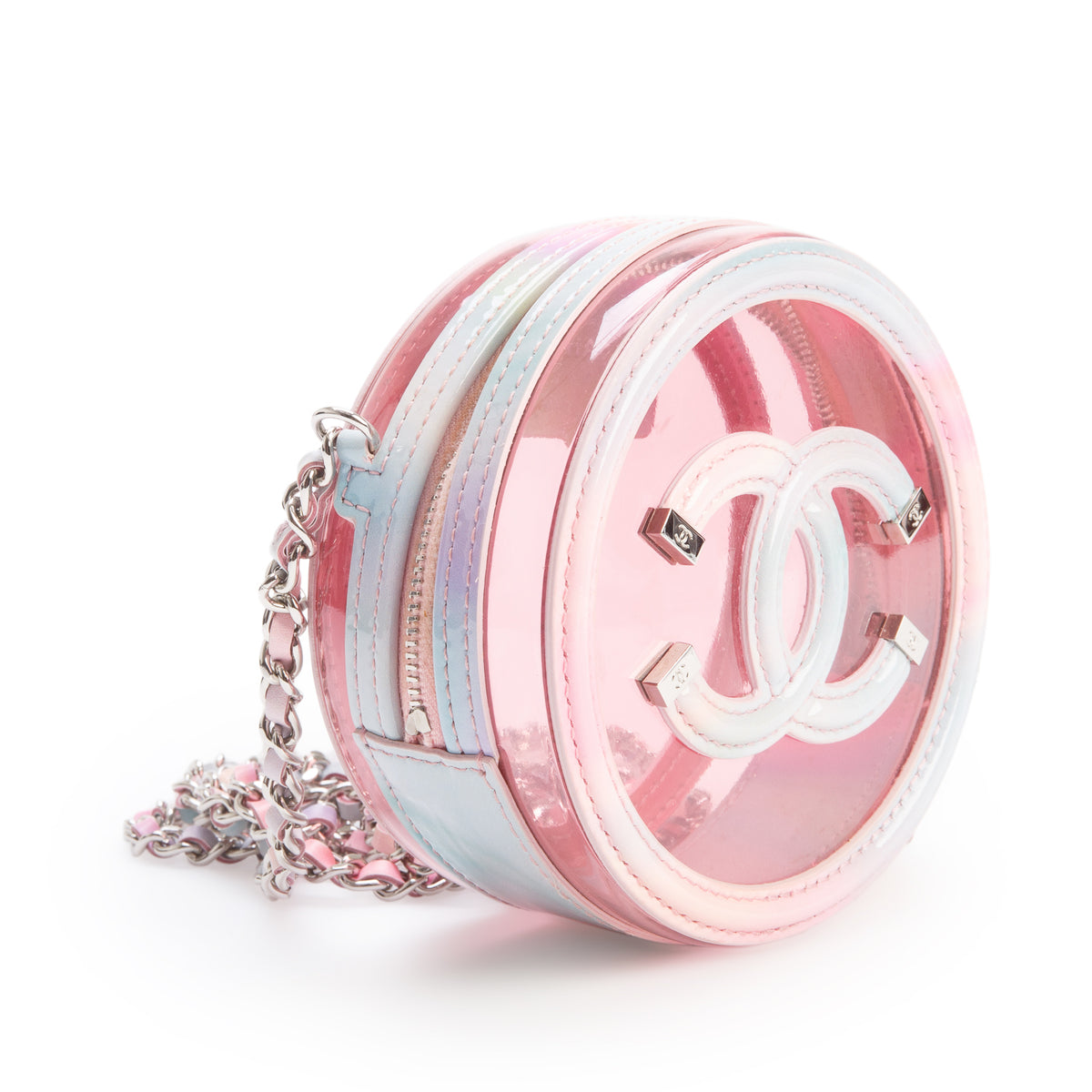 Chanel Pink PVC Patent Leather Round Filigree Chain Clutch w/ Box & Authenticity Card
