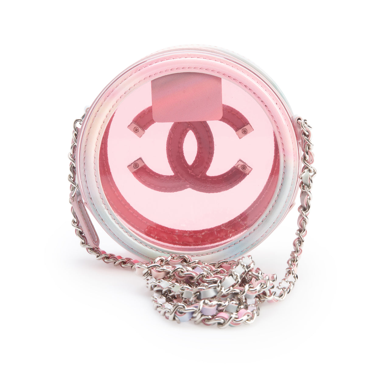 Chanel Pink PVC Patent Leather Round Filigree Chain Clutch w/ Box & Authenticity Card