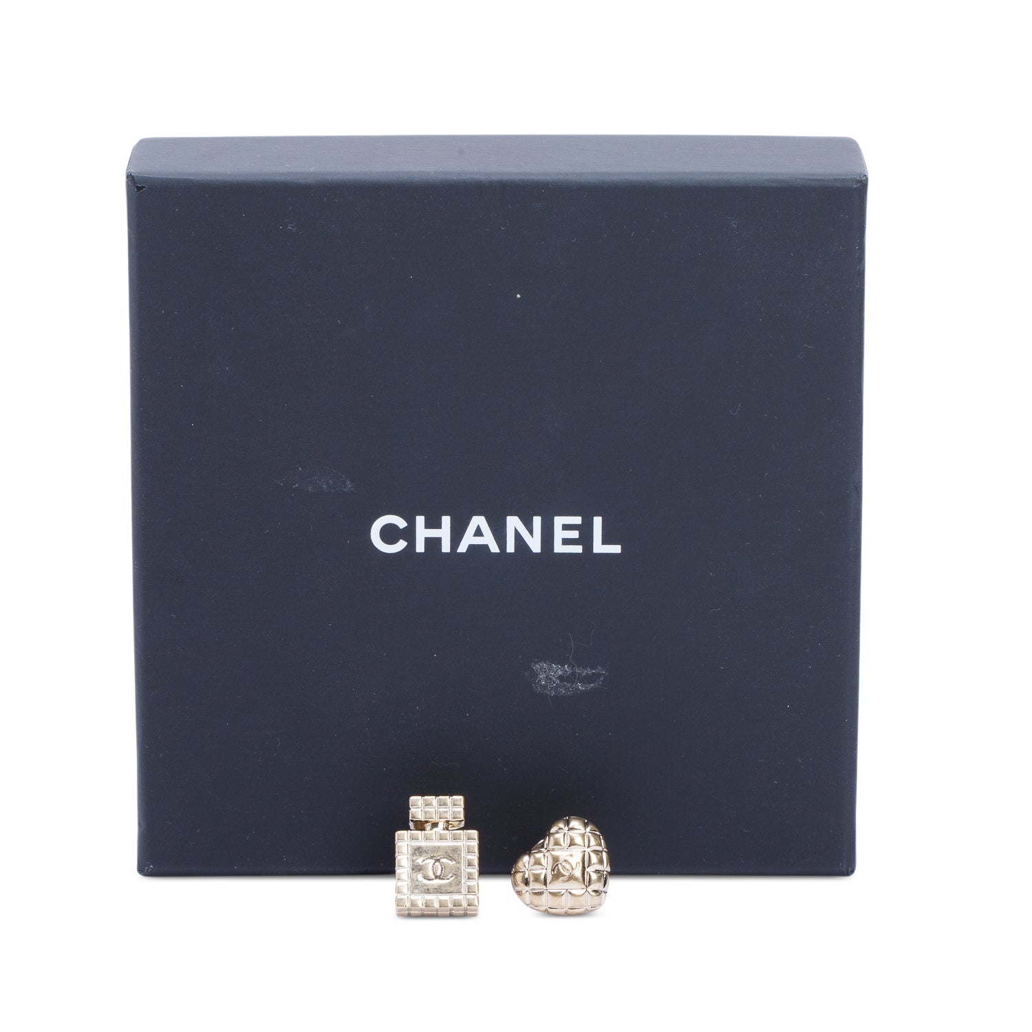 Chanel 2021 Gold Plated Quilted Perfume Bottle & Heart CC Pin Brooch Set w/ Box