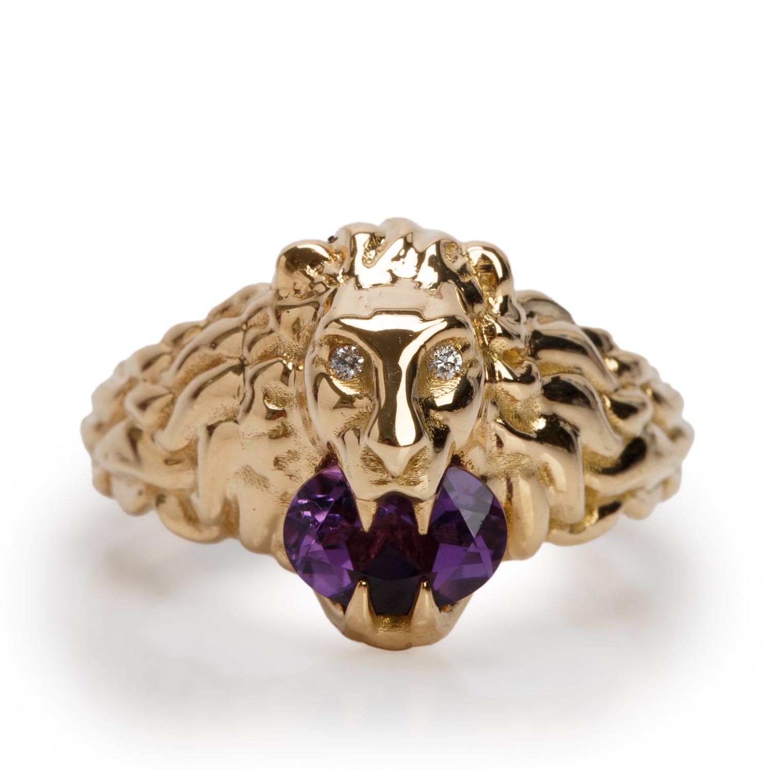 Gucci 18k Yellow Gold Lion Head Ring with Amethyst & Diamonds, Size 11 5.5