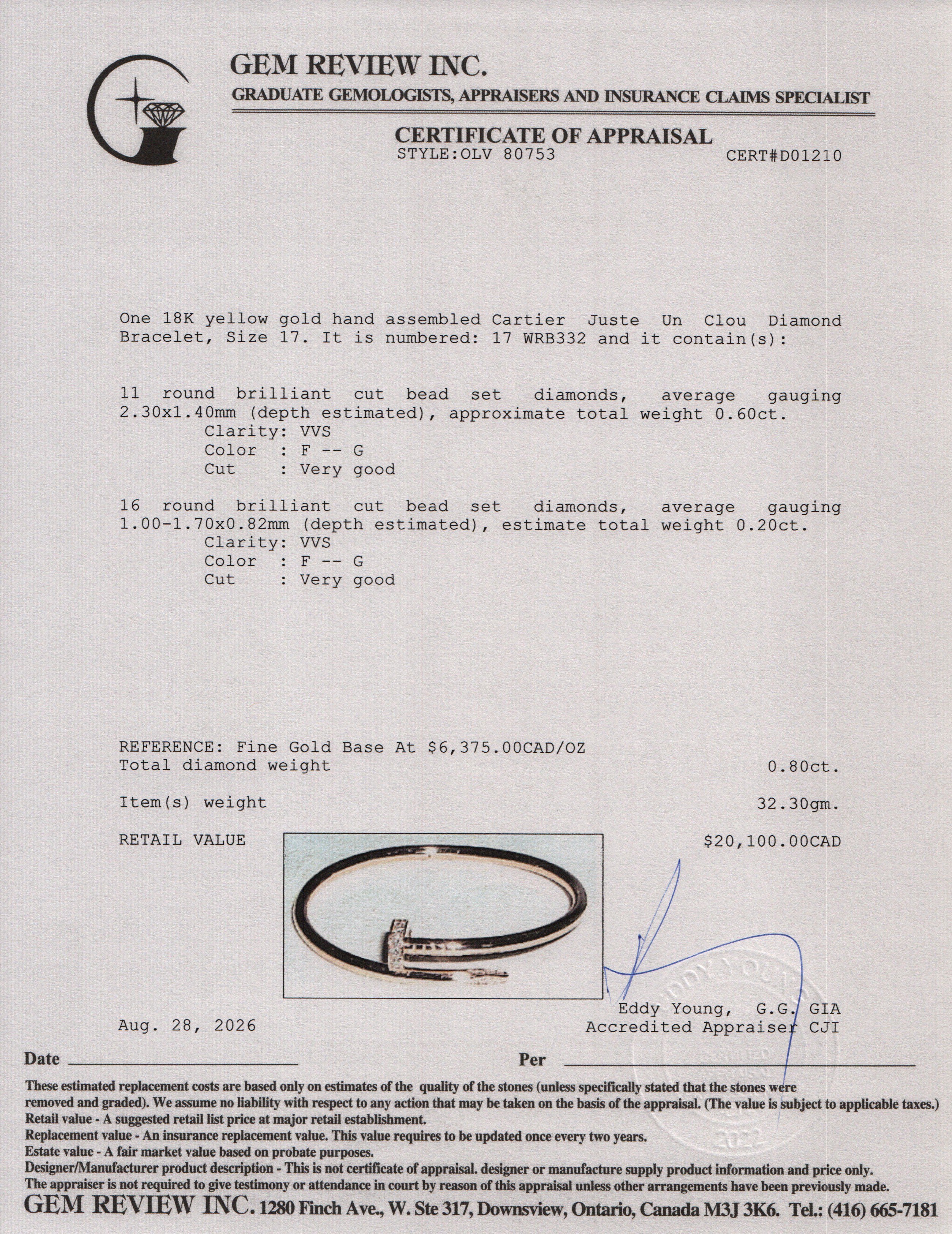 Cartier 2024 18k Yellow Gold Juste Un Clou Diamond Bracelet, Classic Model, Size 17 w/ Box & Receipt