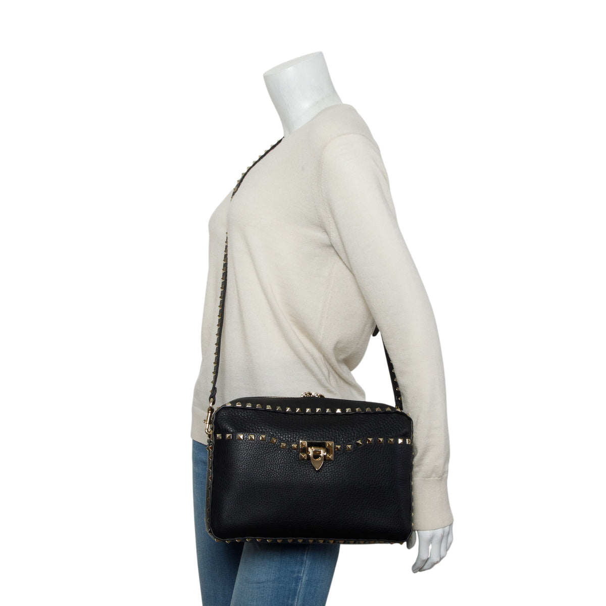 Valentino Black Grained Calfskin Rockstud Crossbody Bag
