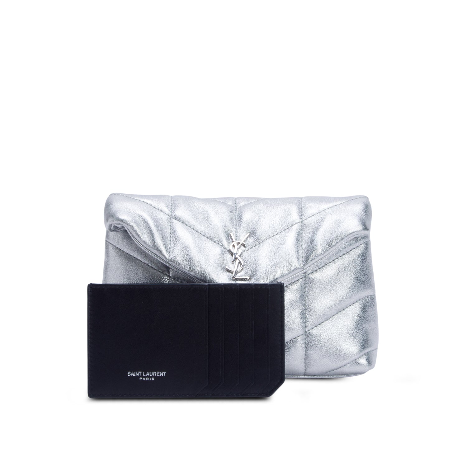 Saint Laurent 2021 Silver Metallic Small Puffer Pouch w/ Card Holder