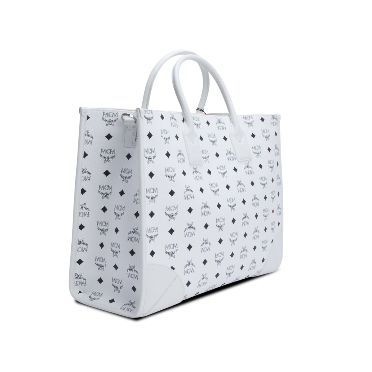 MCM White Visetos X-Large Munchen Tote w/ Strap & Pouch