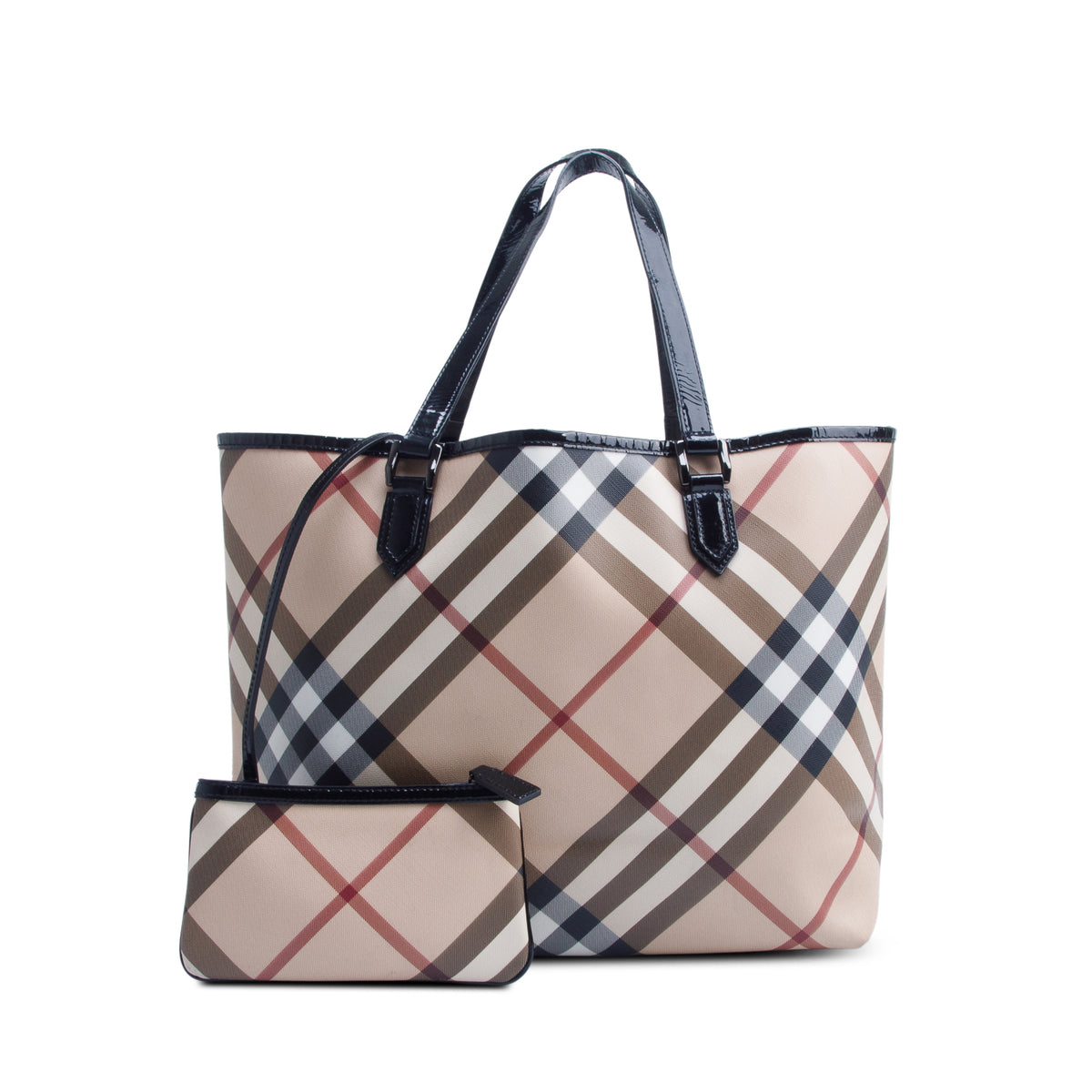 Burberry Super Nova Check Black Patent Leather Trim Large Nickie Tote Bag w/ Pouch