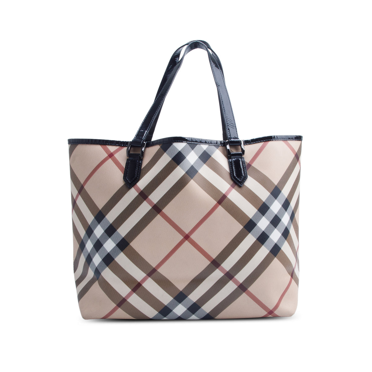 Burberry Super Nova Check Black Patent Leather Trim Large Nickie Tote Bag w/ Pouch