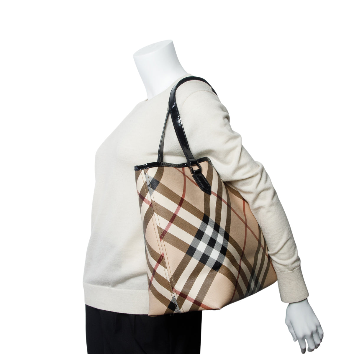 Burberry Super Nova Check Black Patent Leather Trim Large Nickie Tote Bag w/ Pouch