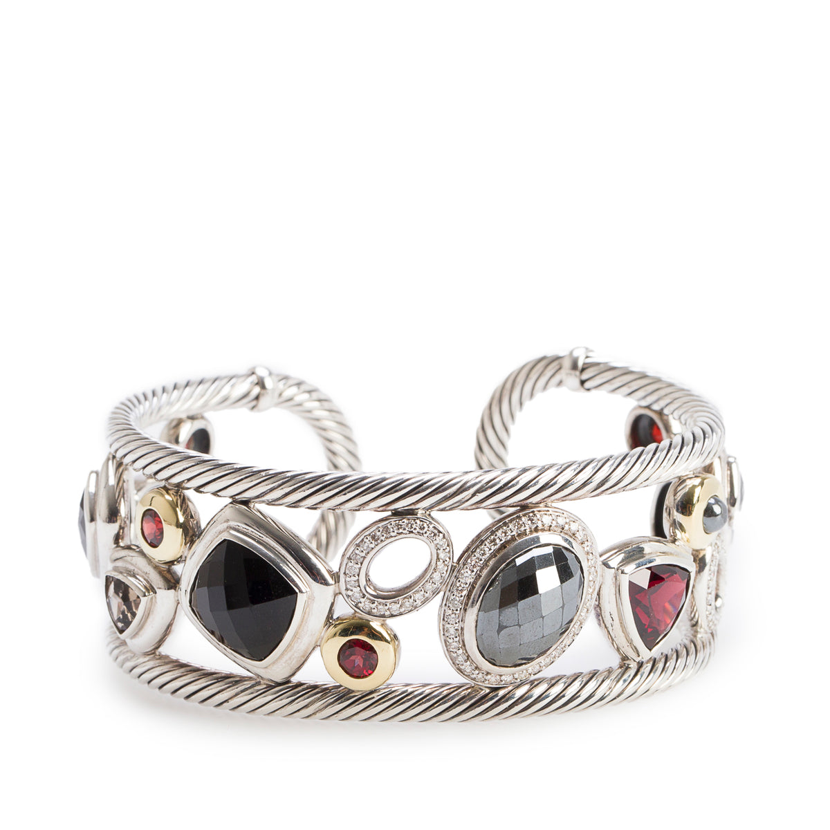 David Yurman Sterling Silver & 18k Yellow Gold Multi-Stone & Diamond Mosaic Cuff Bracelet w/ Box