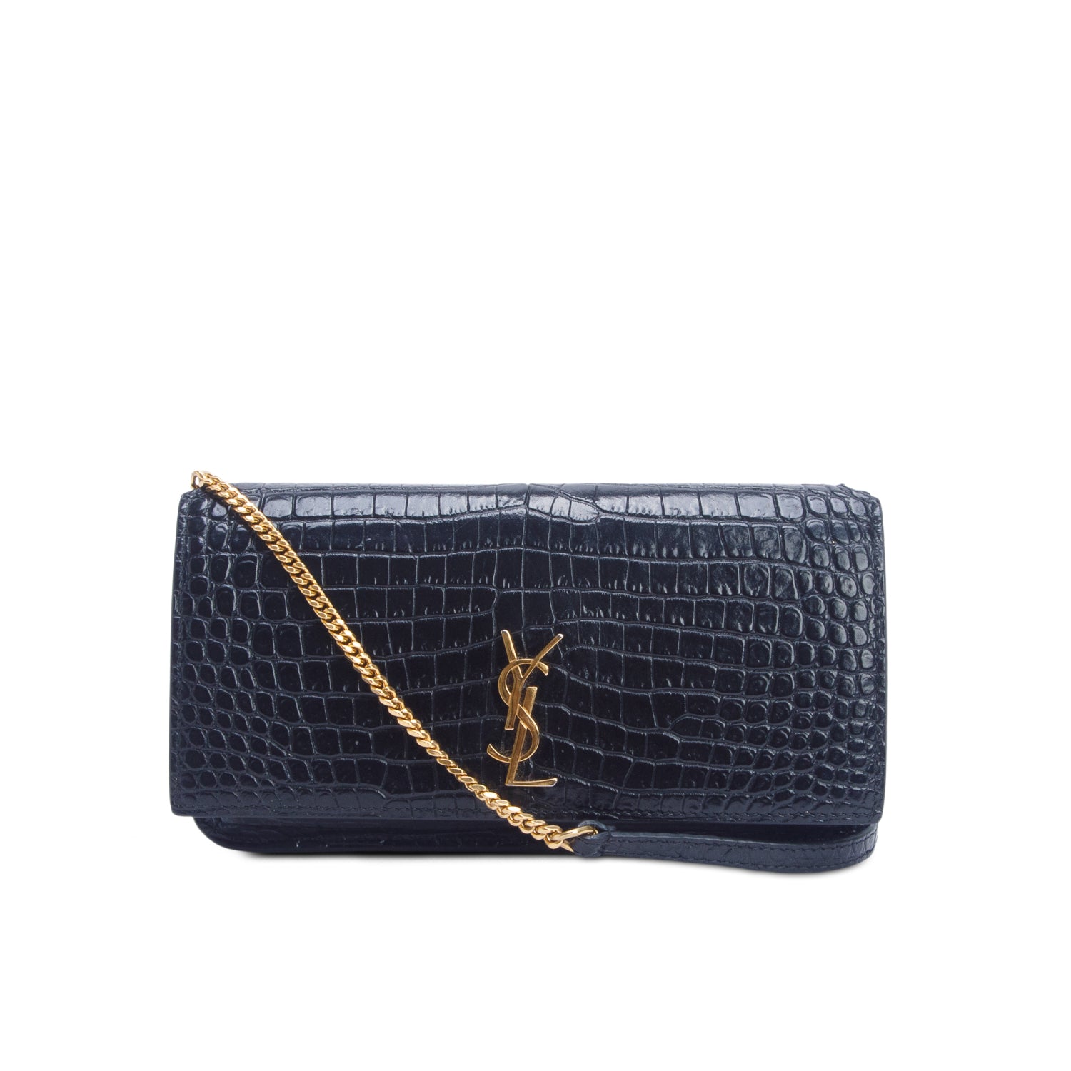 Saint Laurent 2025 Navy Shiny Croc Embossed Leather Cassandre Phone Holder