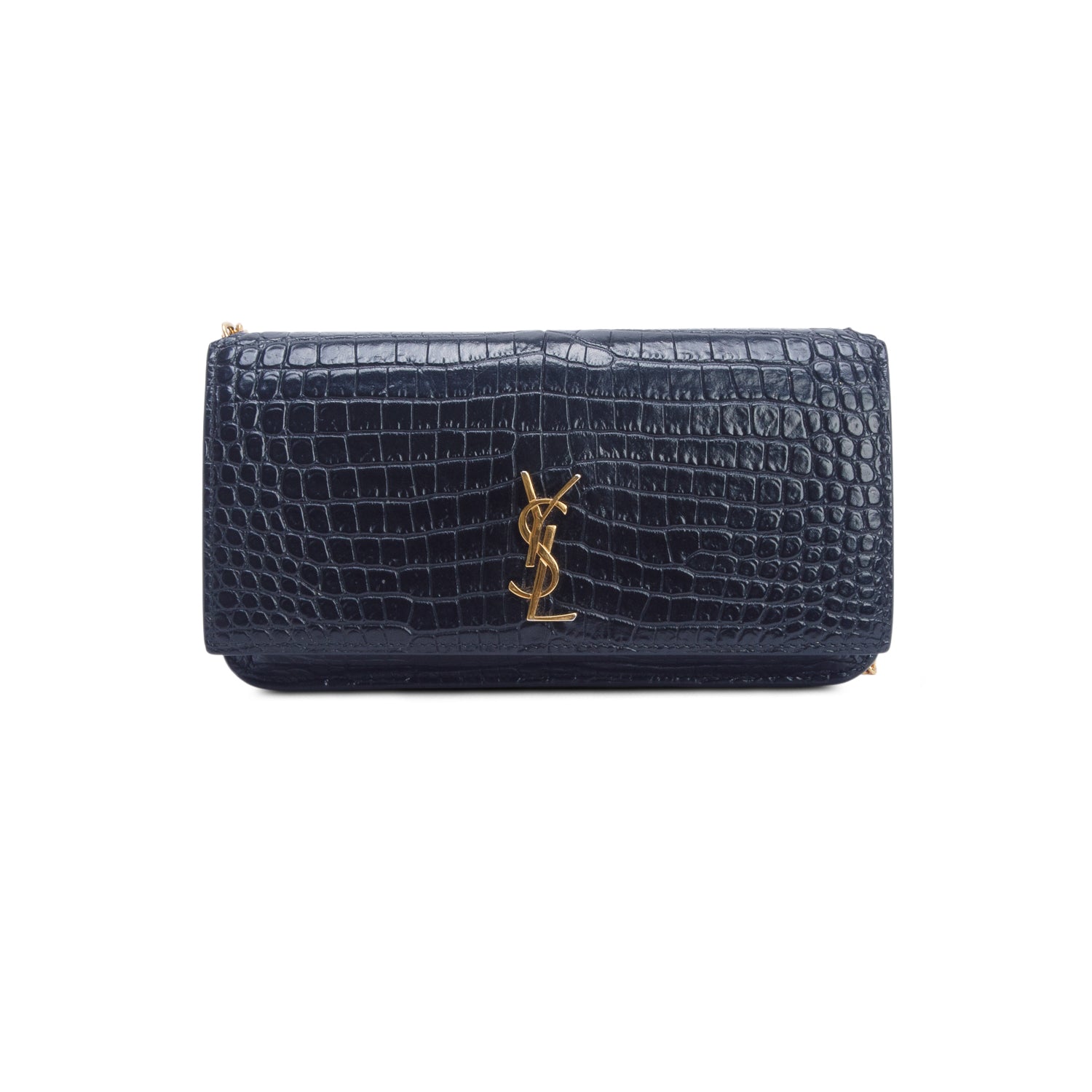 Saint Laurent 2025 Navy Shiny Croc Embossed Leather Cassandre Phone Holder