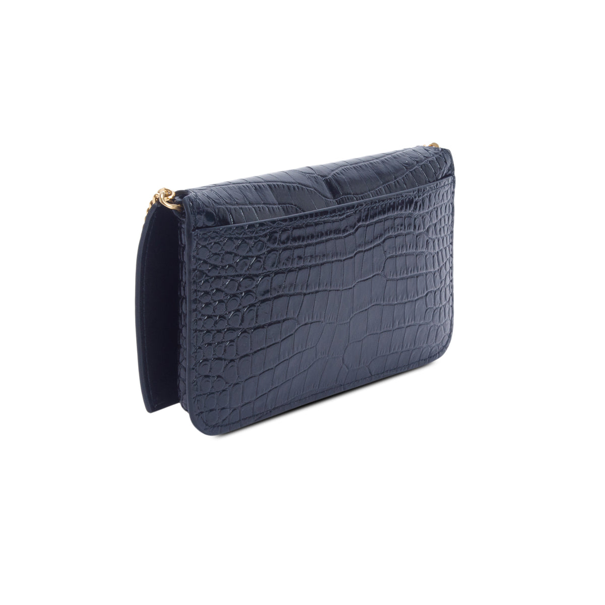 Saint Laurent 2025 Navy Shiny Croc Embossed Leather Cassandre Phone Holder