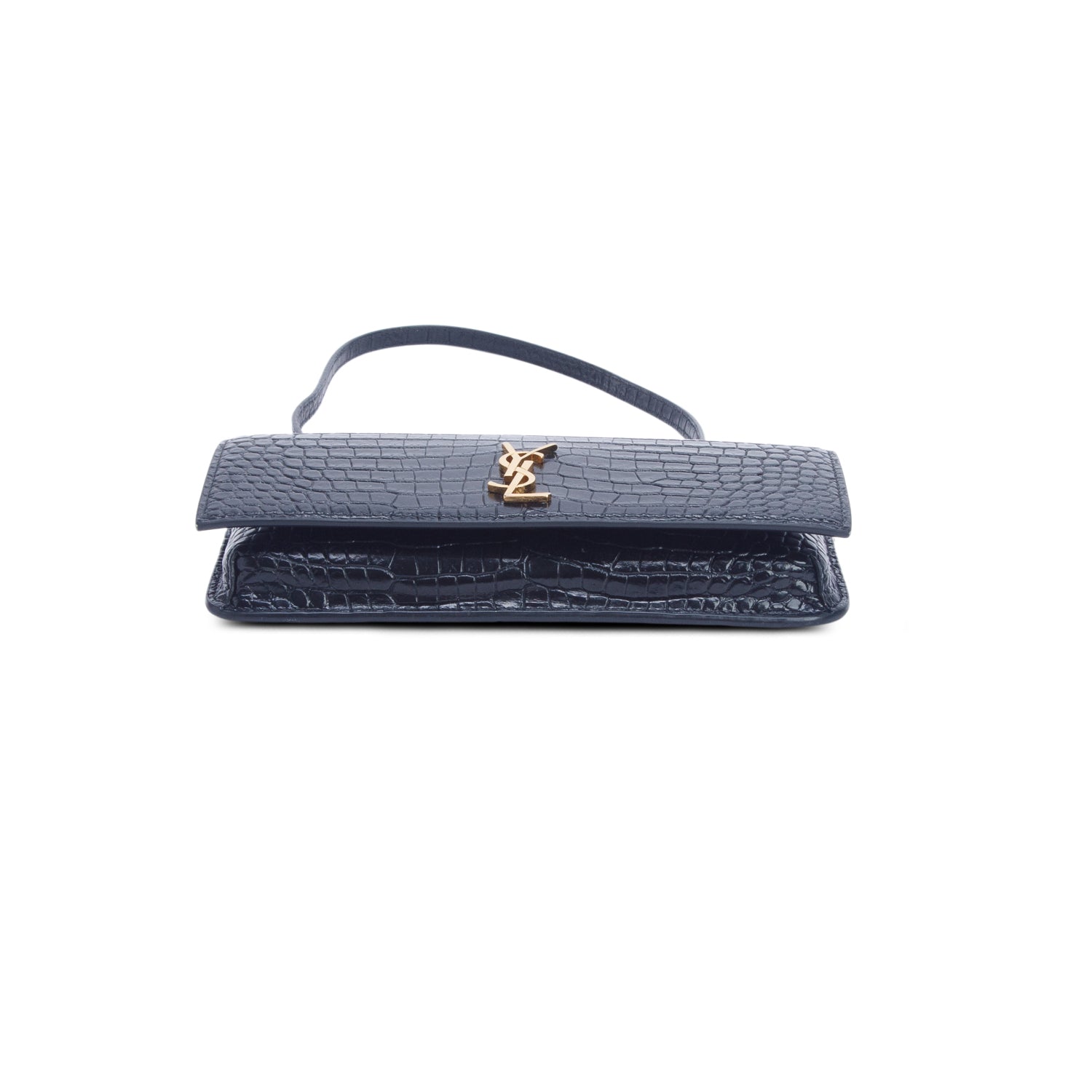 Saint Laurent 2025 Navy Shiny Croc Embossed Leather Cassandre Phone Holder