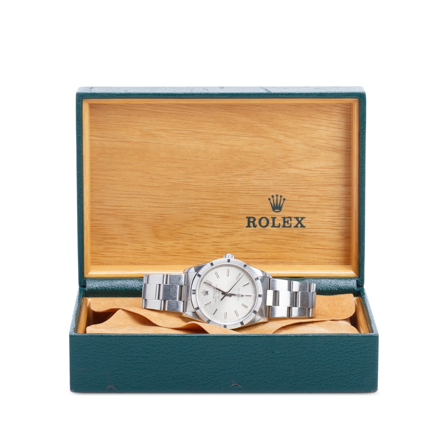 Rolex Stainless Steel Engine Turned Bezel Oyster Perpetual Air King 34 MM Automatic Watch Silver Dial 14000M w/ Box