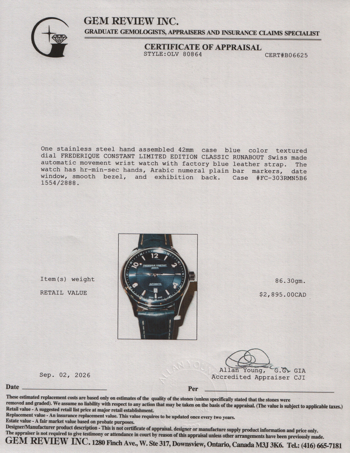 Frederique Constant Limited Edition Stainless Steel Classic Runabout 42 MM Automatic Watch Blue Dial w/ Box & Papers