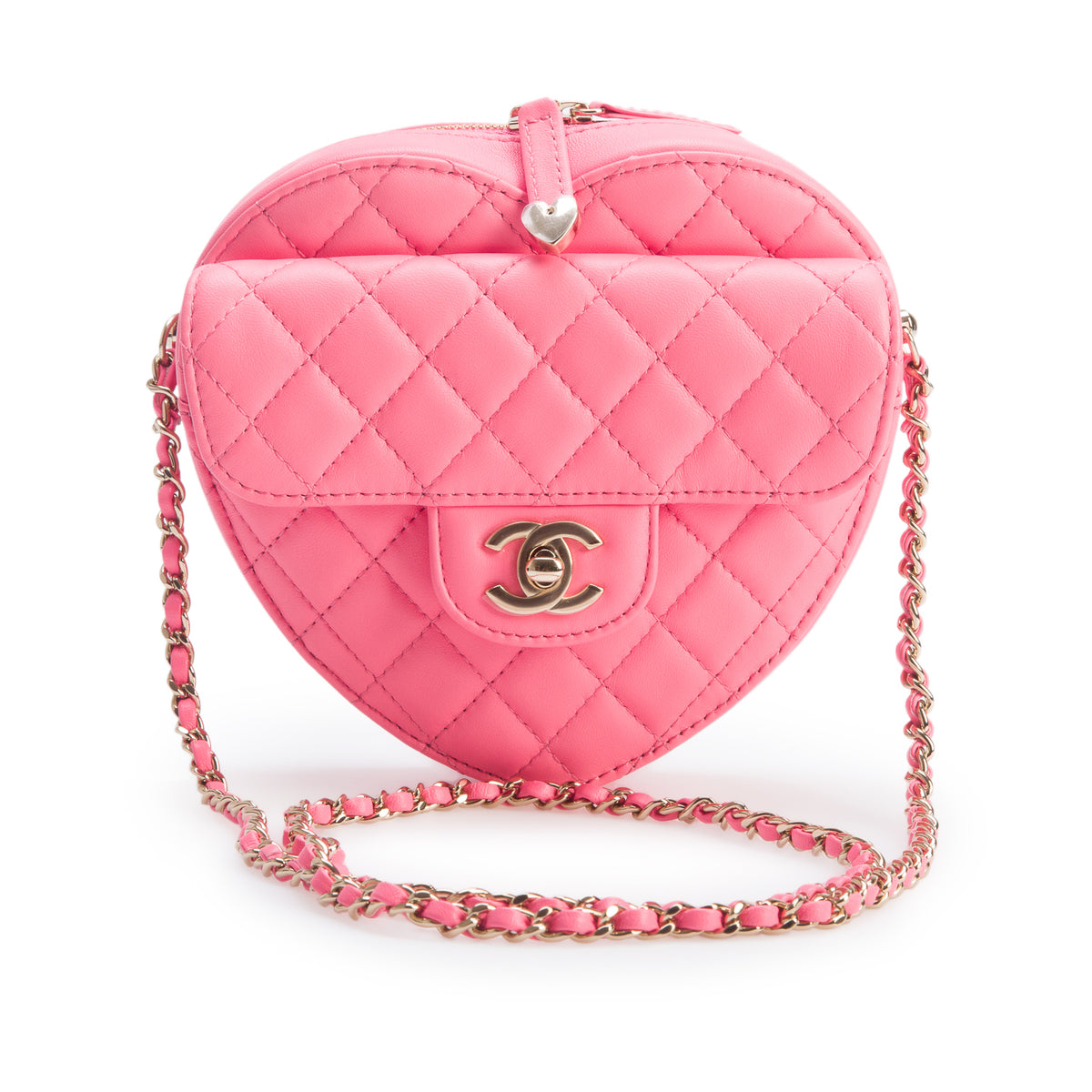 Chanel Pink Quilted Lambskin Leather CC In Love Heart Bag w/ Box