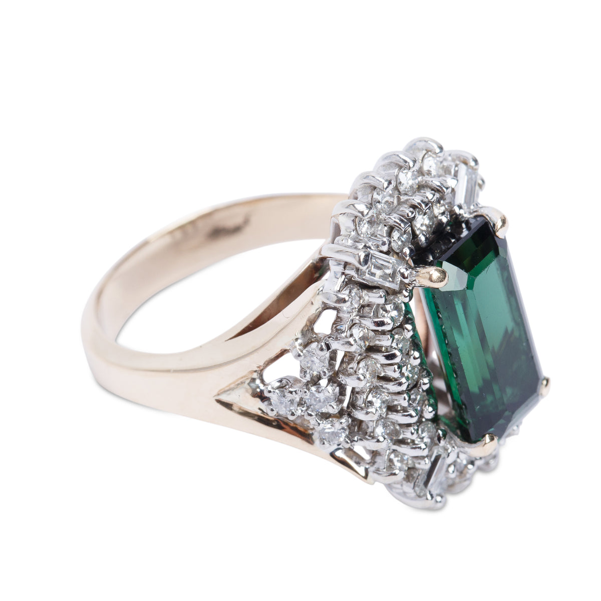 14k Yellow and White Gold Green Tourmaline & Diamond Cocktail Ring, Size 6.5