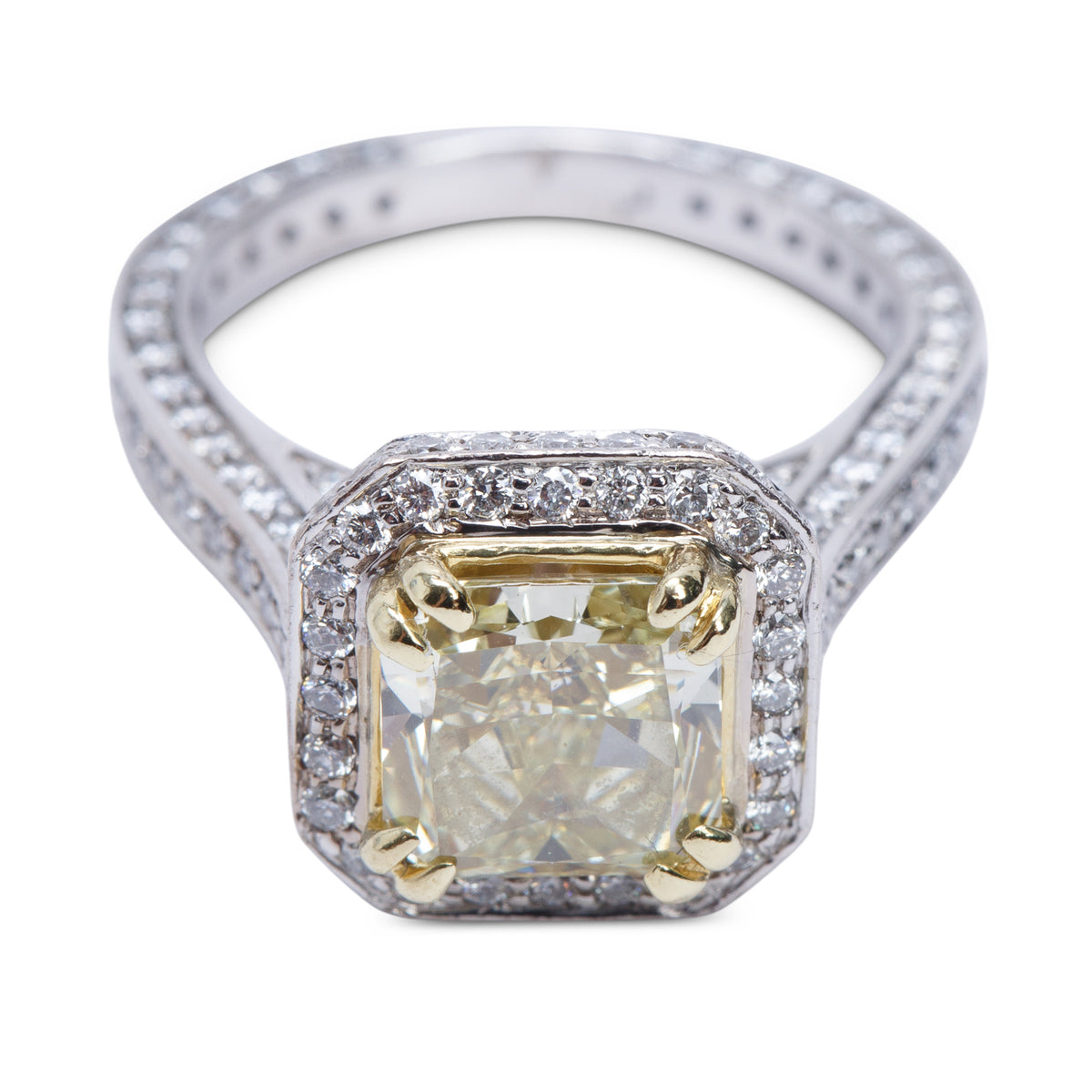 18k White Gold Natural Fancy Yellow 2.25 ct. Radiant Cut Diamond Engagement Ring, Size 4.75 w/ GIA Certificate