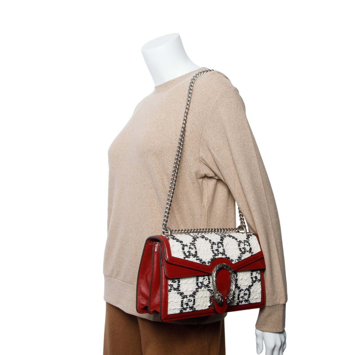 Gucci White Tweed Red Calfskin GG Monogram Small Dionysus Shoulder Bag