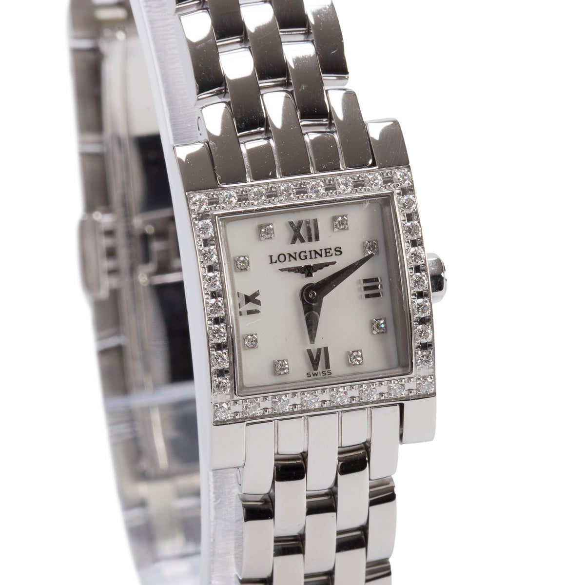 Longines Stainless Steel Diamond Bezel Mini Dolce Vita Quartz Watch Mother of Pearl Diamond Dial