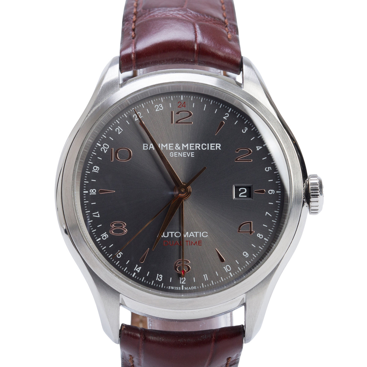 Baume & Mercier Stainless Steel Clifton 43 MM Dual Time Automatic Watch Grey Dial 65730