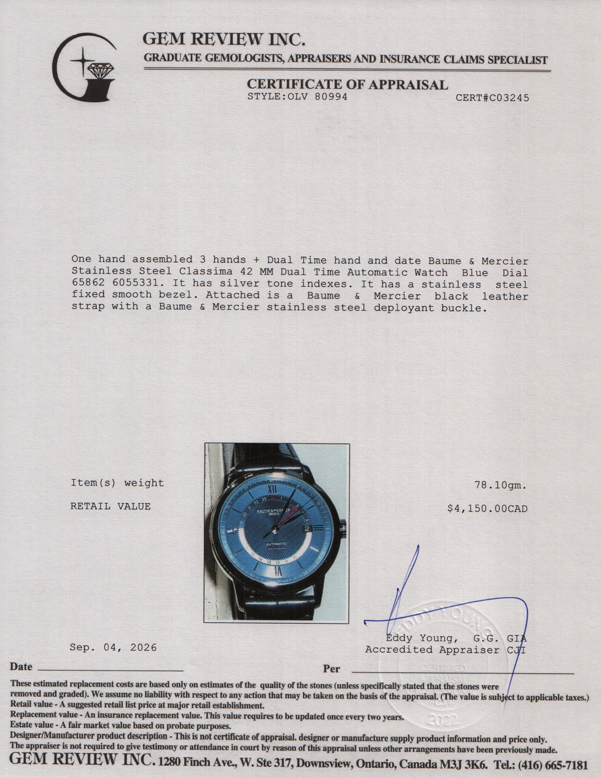 Baume & Mercier Stainless Steel Classima 42 MM Dual Time Automatic Watch Blue Dial 65862
