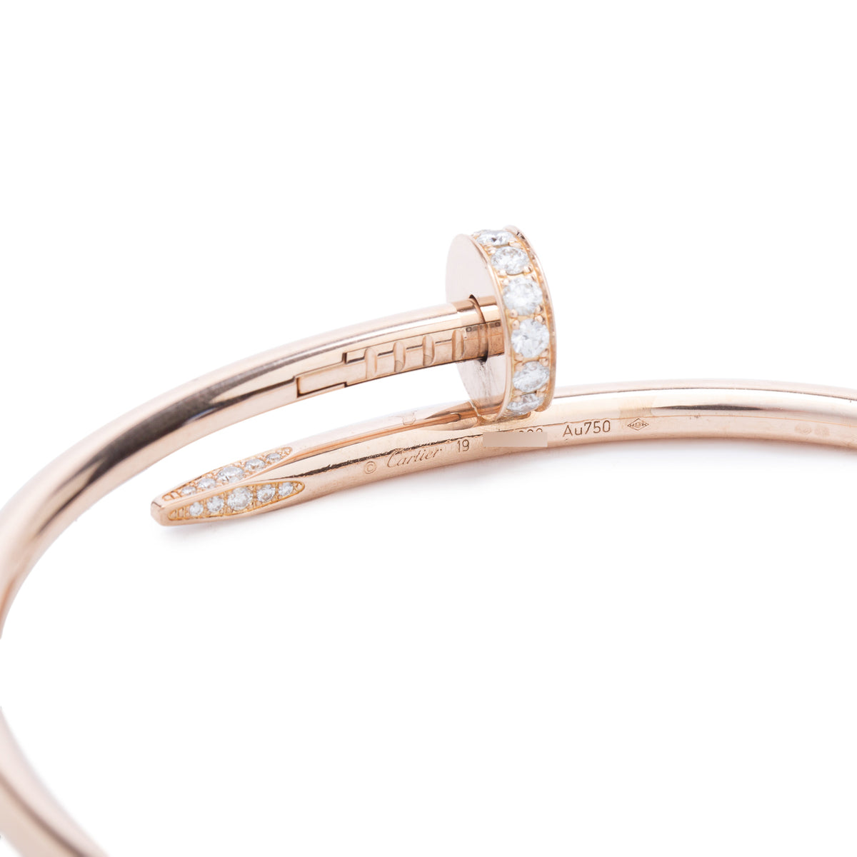 Cartier 18k Rose Gold Juste Un Clou Diamond Bracelet, Classic Model, Size 19 w/ Box
