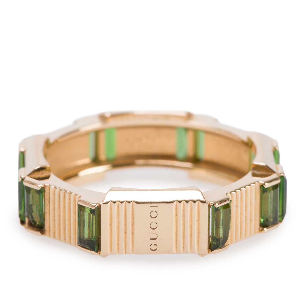 Gucci 18k Yellow Gold Green Tourmaline Link to Love Striped Ring, Size 17 7.75 w/ Box