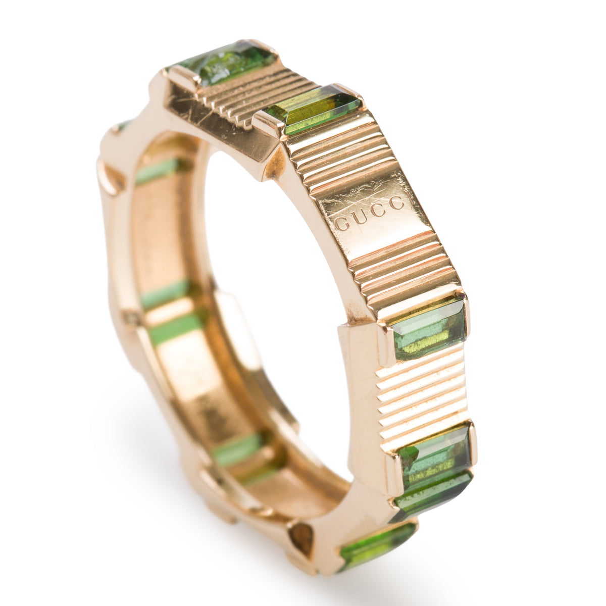 Gucci 18k Yellow Gold Green Tourmaline Link to Love Striped Ring, Size 17 7.75 w/ Box