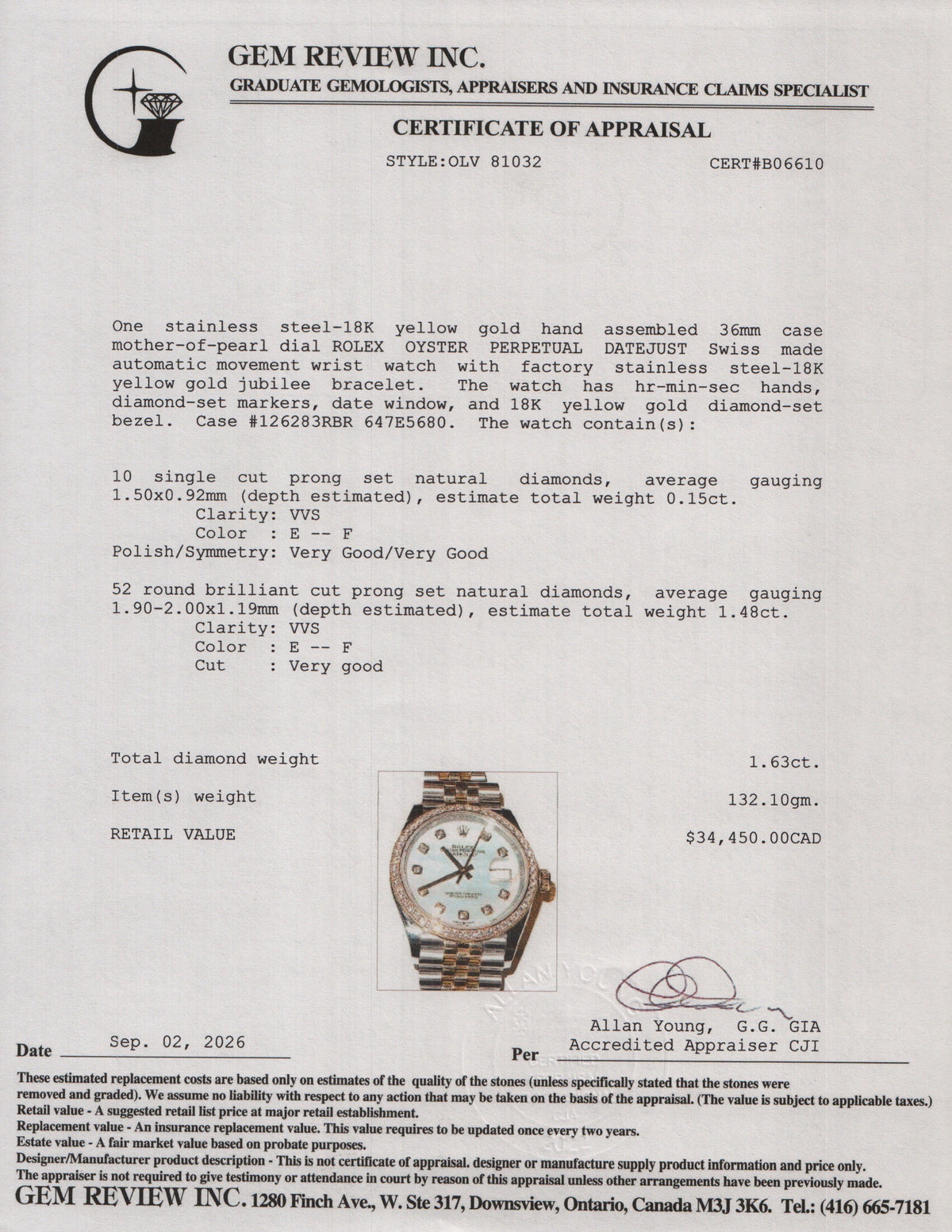 Rolex 2025 Stainless Steel & 18k Yellow Gold Diamond Bezel Datejust 36 MM Automatic Watch Mother of Pearl Diamond Dial 126283RBR w/ Box & Papers