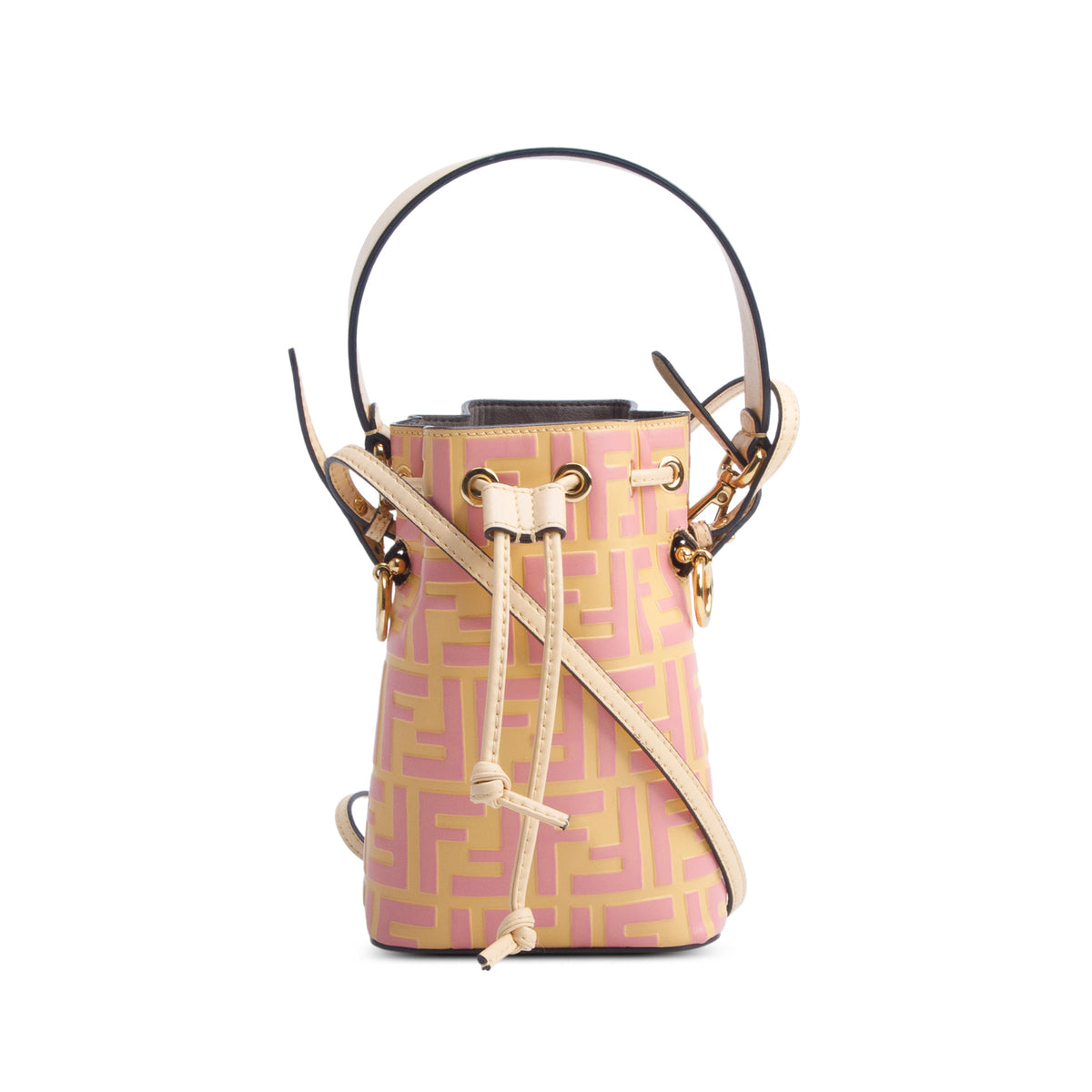Fendi Pink/Yellow Vitello Liberty F is Fendi Bi-Color FF 1974 Embossed Mini Mon Tresor Bucket Bag w/ Straps