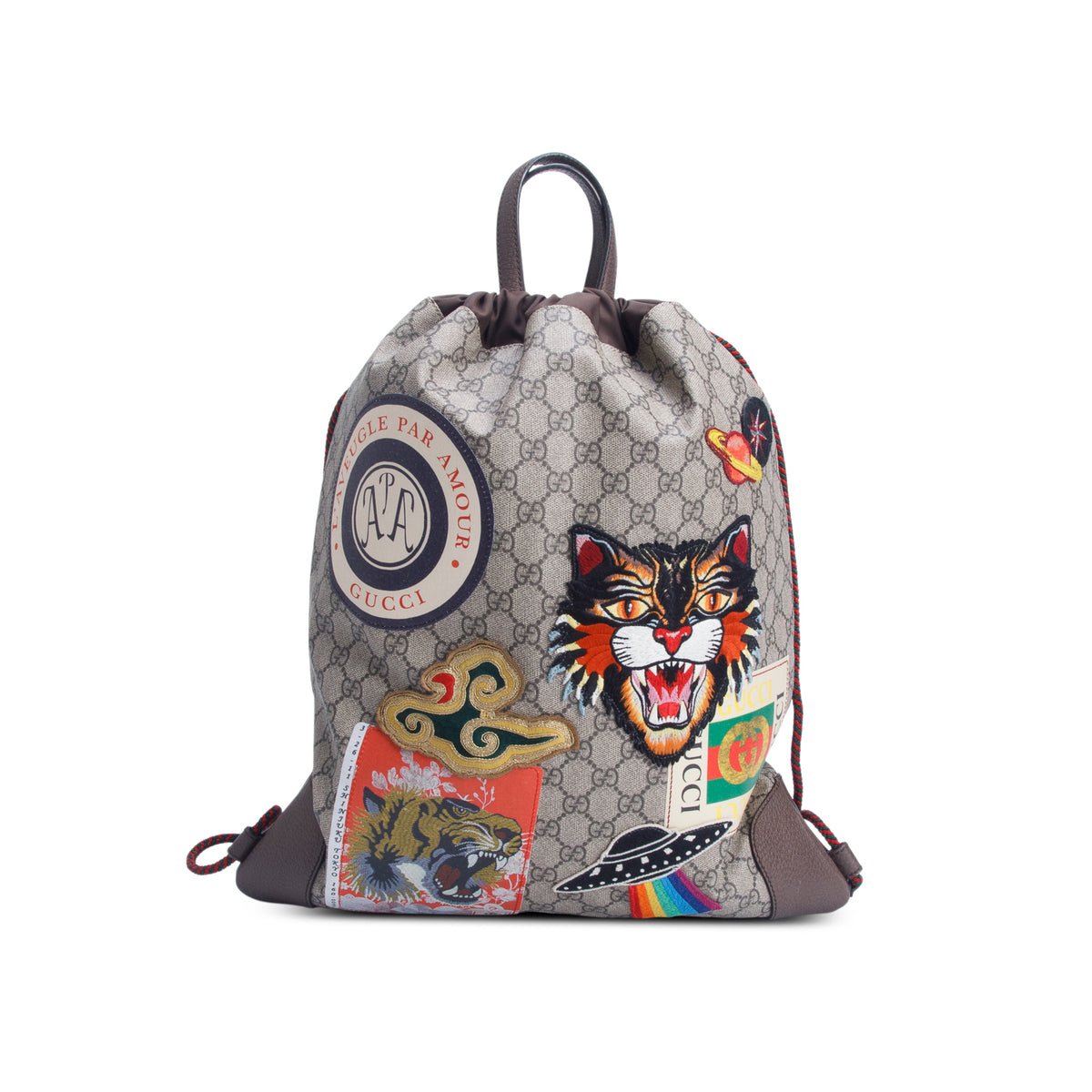 Gucci GG Supreme Embroidered Patch Courier Drawstring Backpack