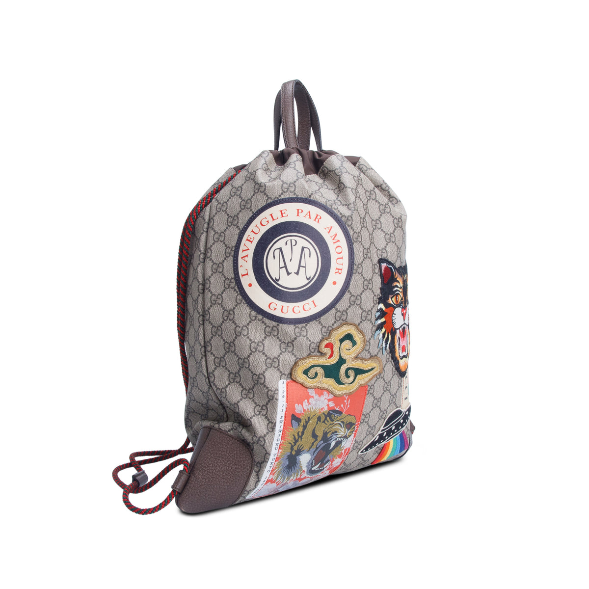 Gucci GG Supreme Embroidered Patch Courier Drawstring Backpack