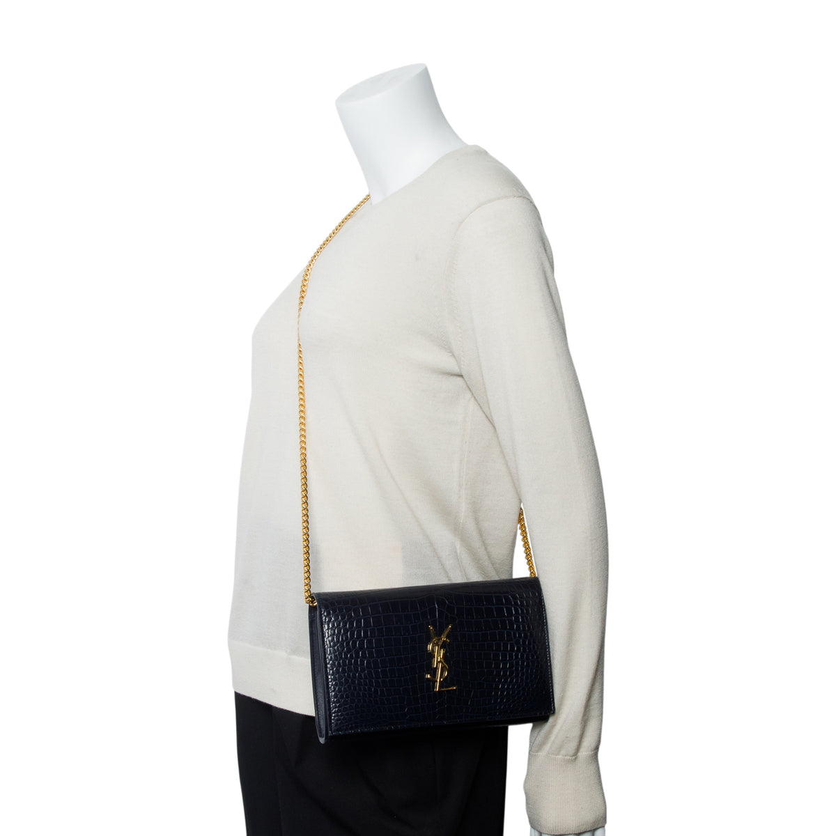 Saint Laurent Navy Croc Embossed Classic Cassandre Chain Wallet