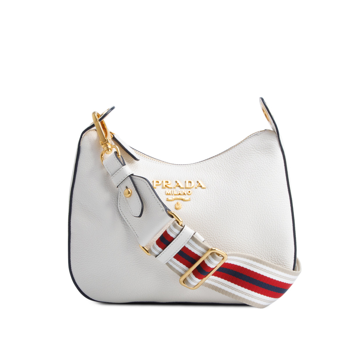 Prada White Vitello Daino Zippered Messenger Hobo