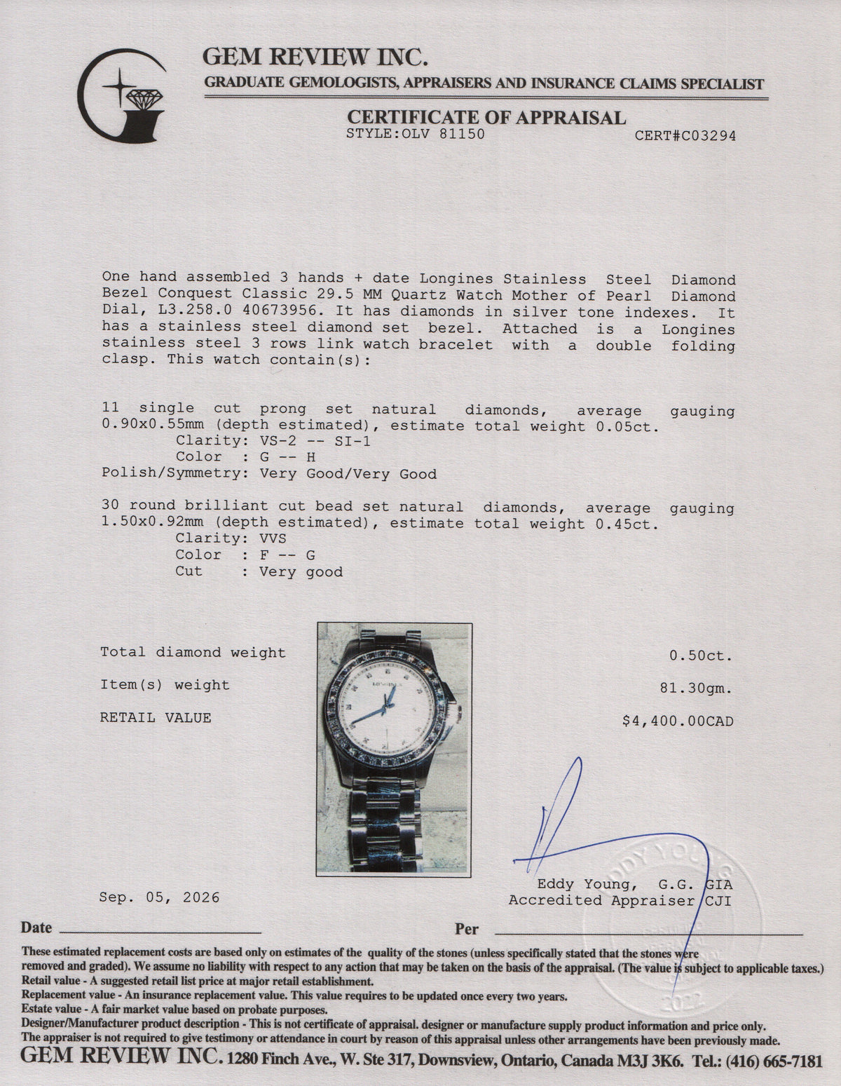 Longines Stainless Steel Diamond Bezel Conquest Classic 29.5 MM Quartz Watch Mother of Pearl Diamond Dial