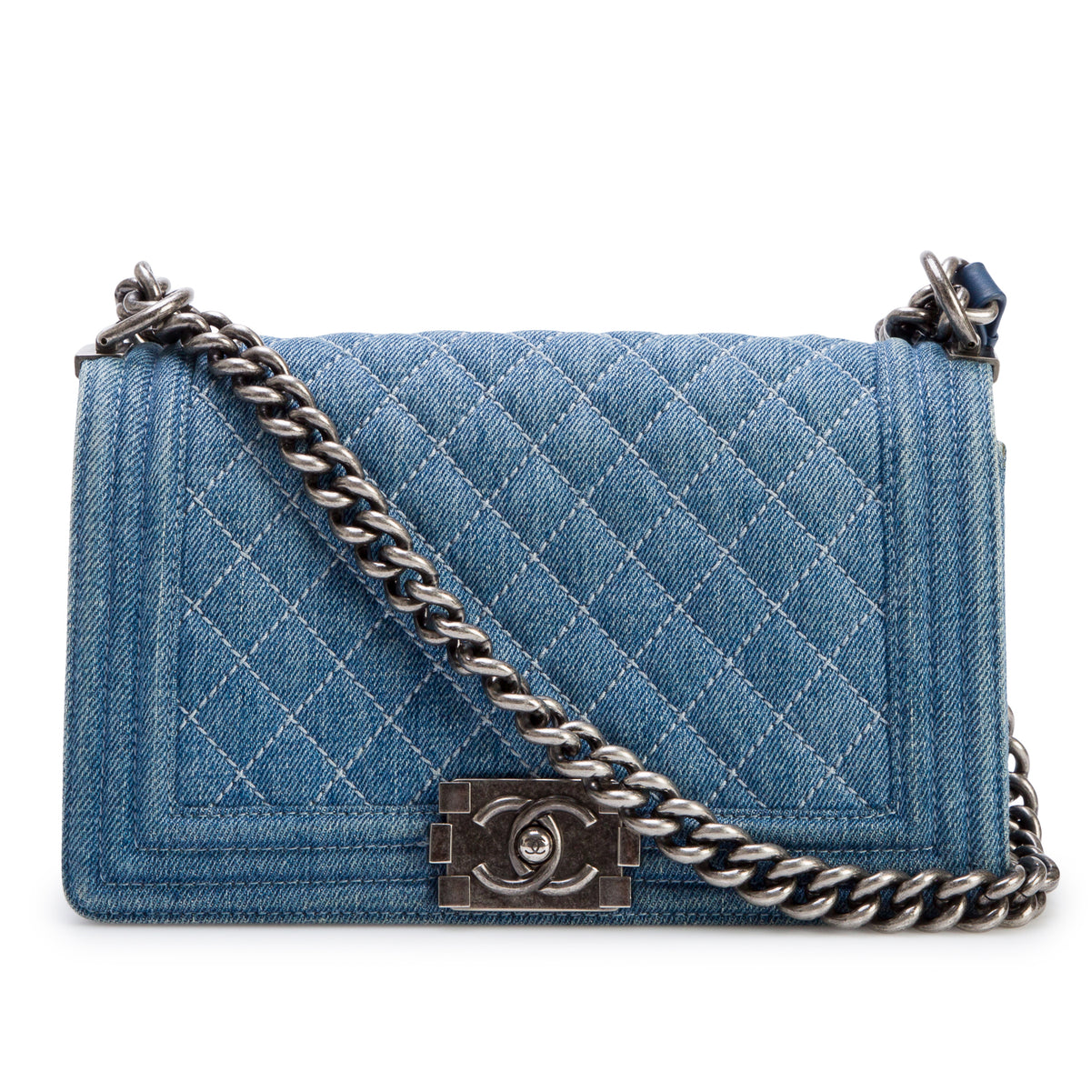 Chanel Blue Quilted Denim Medium Boy Bag w/ Box