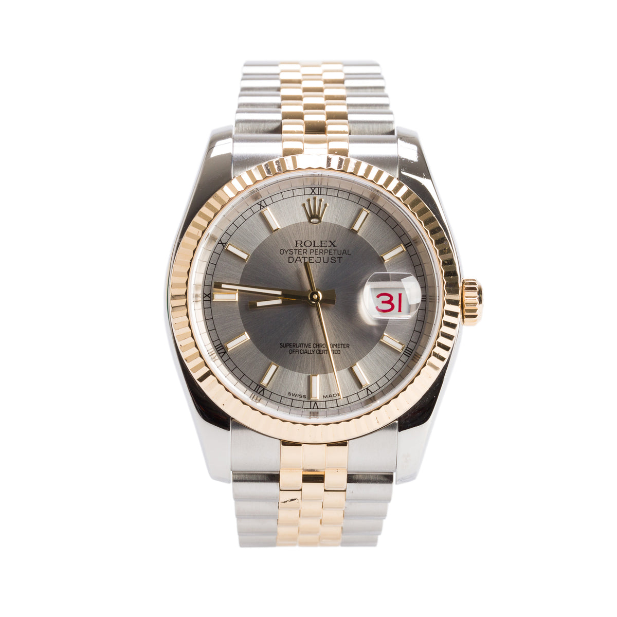 Rolex Stainless Steel & 18k Yellow Gold Datejust 36 MM Automatic Watch Silver Roulette Dial 116233 w/ Box & Papers